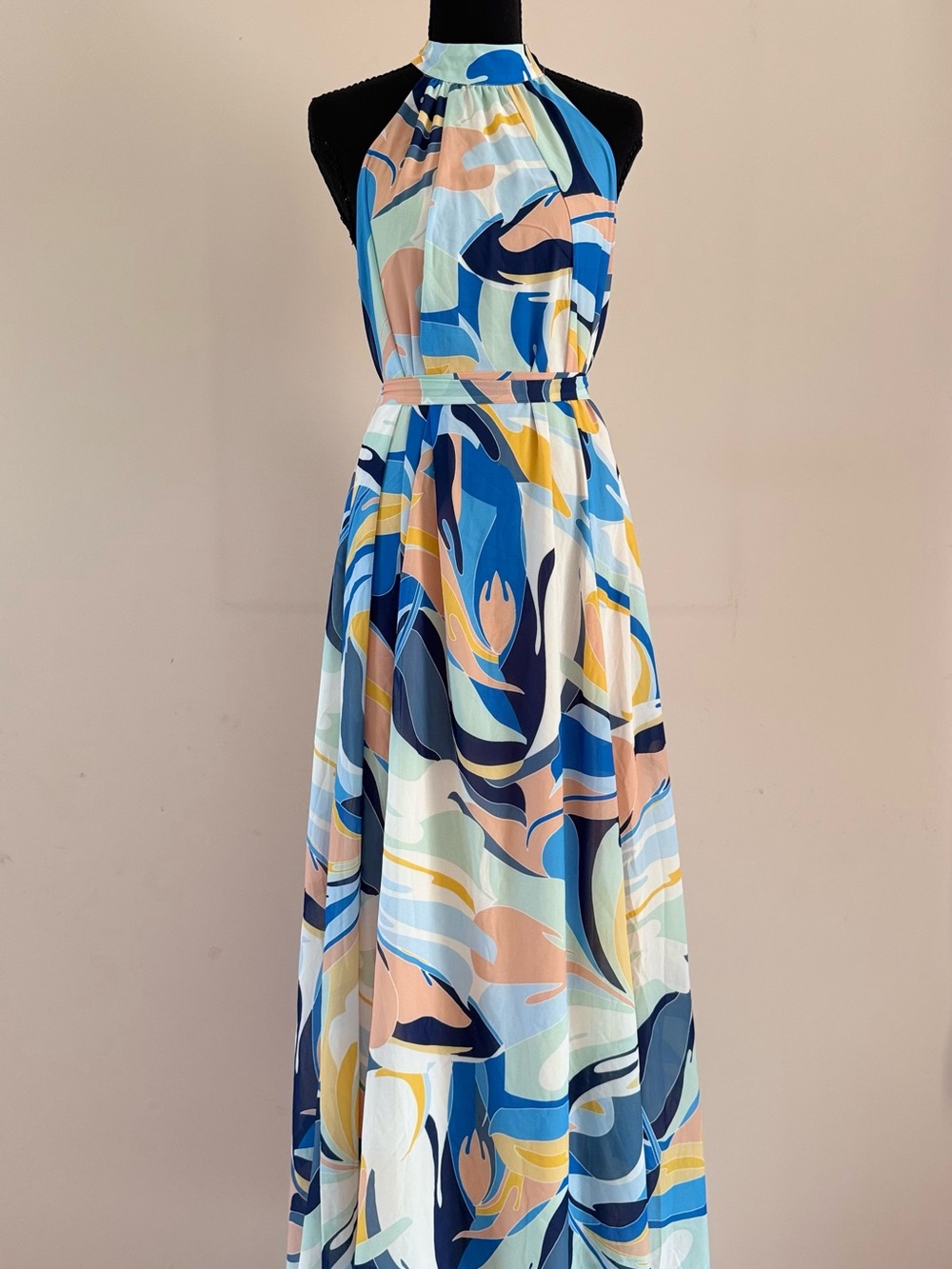 Flying Tomato Halter Maxi Dress in Multicolor Cool Toned Abstract Print